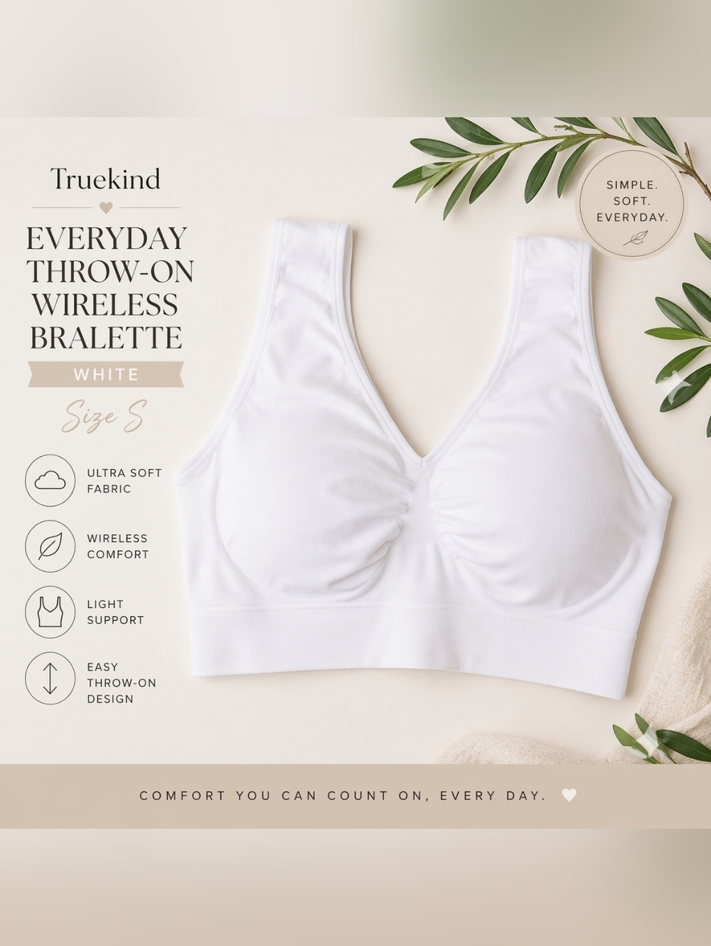 Truekind Everyday Throw-On Wireless Bralette | White | Size S | NWT